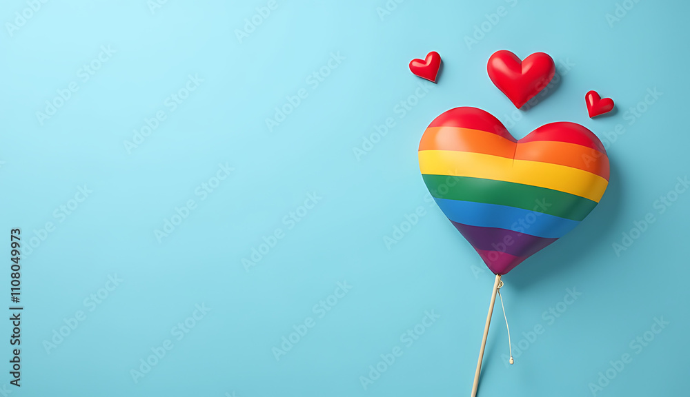 Poster A rainbow flag and hearts on a light blue background with empty space, symbolizing diversity and inclusivity through a creative visual display._00001_