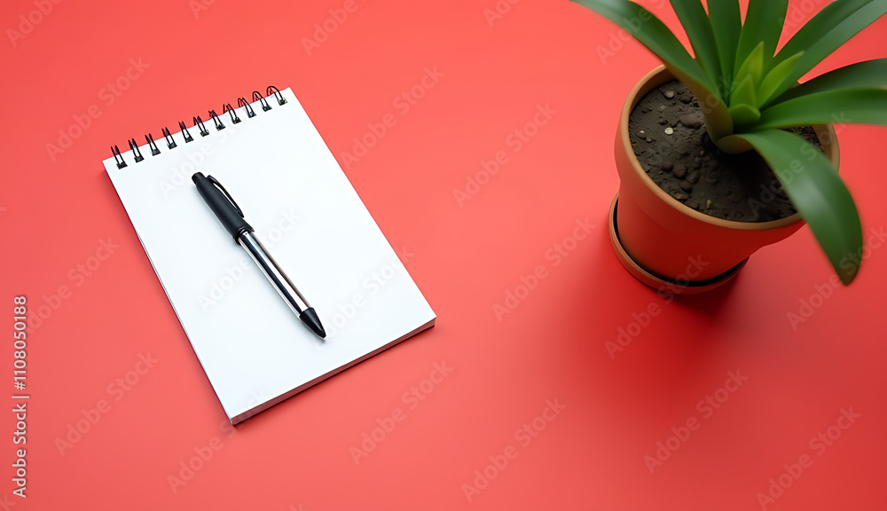 Poster a small pen, a spiral notebook, and a flowerpot sit on a bright red background with empty space surr