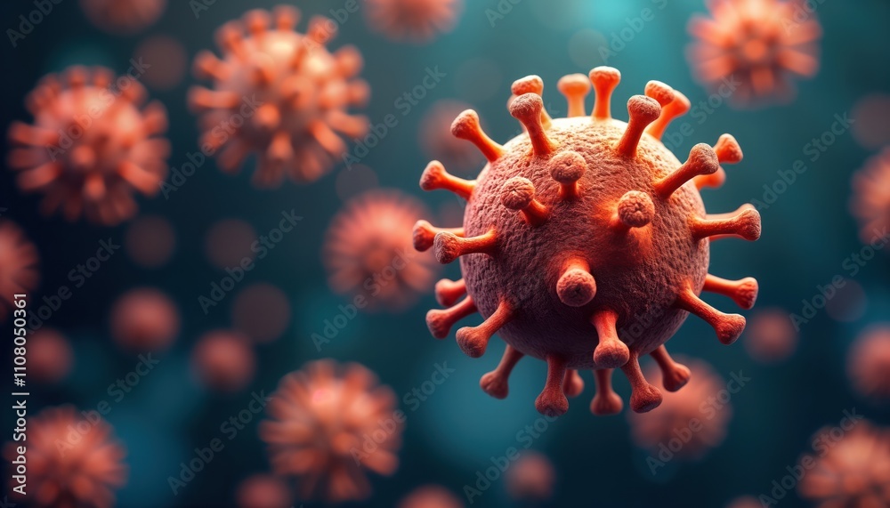 Aufkleber Microscopic view of coronavirus. Virus particles with spikes shown in 3d. Close up view of virus. Illustration of virus. Medical research image. Biology subject. Health science. Coronavirus