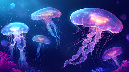 Futuristic underwater scene with glowing jellyfish and sleek design, scifi, cool tones, high detail, digital art. Aquatic. Illustration