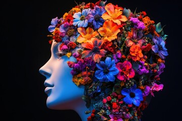 Vibrant Floral Composition of Colorful Flowers Adorning a Stylistic Human Head Silhouette Against a Dark Background for Artistic Display