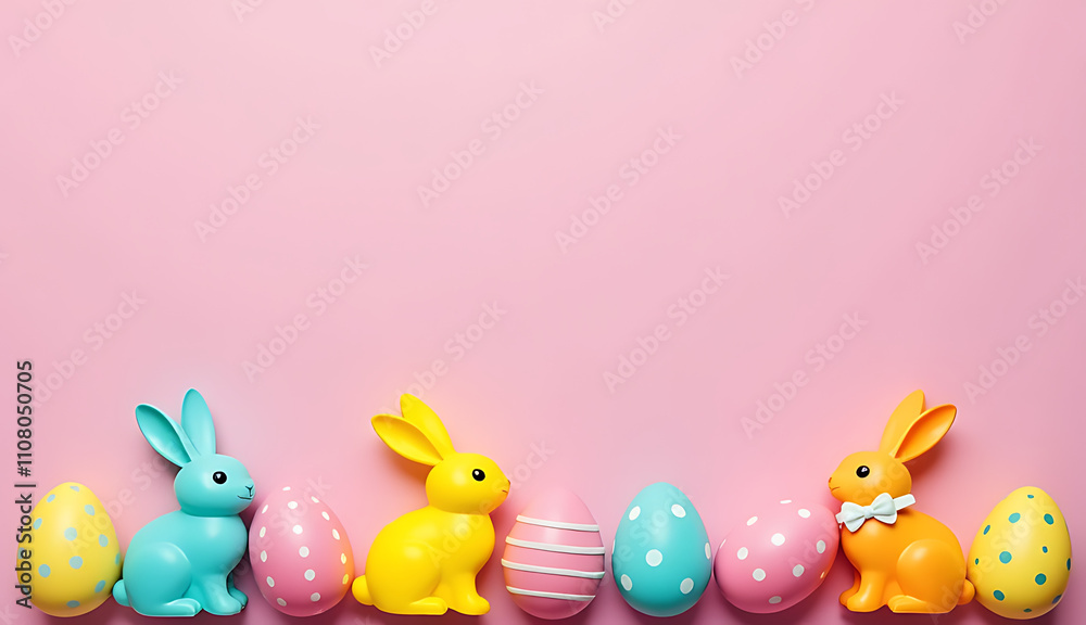 Poster a top view photo shows colorful easter decorations including bunnies and eggs against a soft pink ba