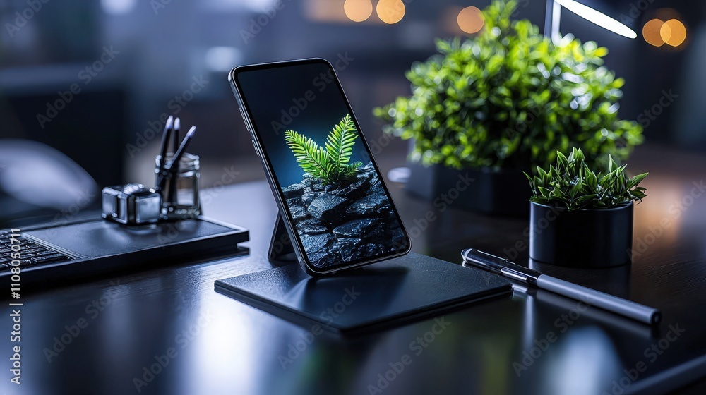 Poster modern smartphone with stylus on desk home office tech showcase contemporary setting close-up view d