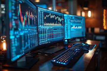 A multi-monitor setup displaying financial data and analytics.