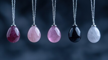 Five necklaces hanging from a silver chain. each necklace has a unique pendant with a different color - pink, purple, black, and white.