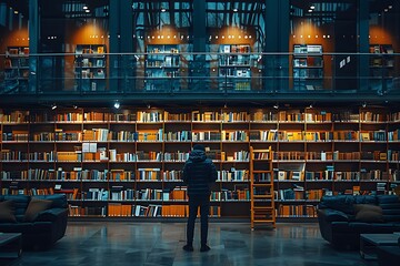 A person gazes at a vast library filled with books.