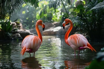Fototapeta premium Stunning Vibrant Flamingos Standing Gracefully in Tranquil Tropical Lagoon Surrounded by Lush Greenery and Soft Natural Light