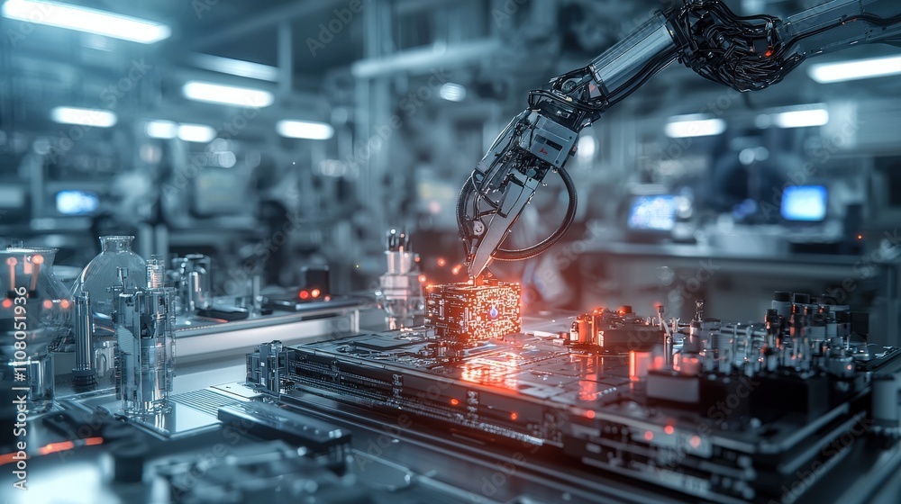Poster Robotic arm assembling technology in high-tech factory industrial environment close-up view automation concept