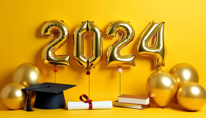 Capture a memorable graduation moment with a photo featuring 2024 gold balloons and commemorative items on a bright yellow background._00001_