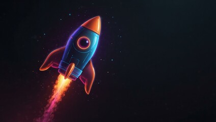 Neon rocket growth icon symbolizing startup success.