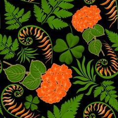 Small orange flowers and leaves, clover. Ditsy print. Floral seamless repeating pattern background.