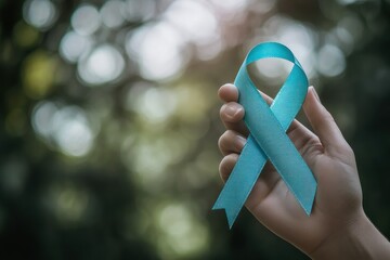 Hand Holding Teal Awareness Ribbon Symbolizing Support for Health Causes Related to Mental Illness, Sexual Assault, and Other Important Issues in a Soft Blurred Background