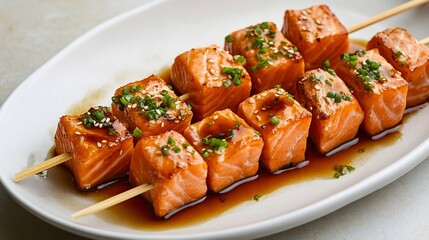 Fresh Salmon Fillets Cubed and Skewered on Bamboo Sticks