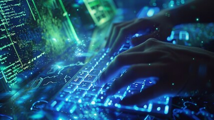 Close-Up of Hands Typing on Glowing Keyboard with Chaotic Code