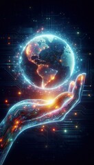 Obraz premium Glowing Digital Hand Holding Illuminated Globe, Symbolizing Global Technology, Innovation, and Data Control in a Futuristic Environment