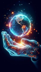 Fototapeta premium Glowing Digital Hand Holding Illuminated Globe, Symbolizing Global Technology, Innovation, and Data Control in a Futuristic Environment