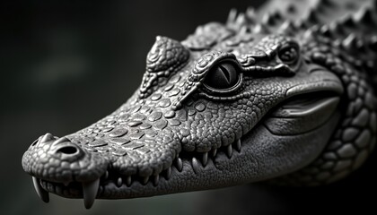 Fototapeta premium Close-up view of angry crocodile head. Monochrome illustration style shows sharp teeth, scales. Animal portrait highlights reptilian features. Predator gaze. Suitable for posters interior design.