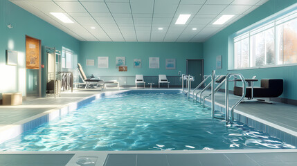 An aquatic therapy gym with a small indoor pool surrounded by specialized exercise equipment for water-based rehabilitation. full ultra hd, high resolutio. Aquatic. Illustration