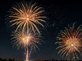 New Year's Eve celebration with fireworks in the night sky.