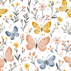 Butterflies and flowers watercolour seamless pattern. Cute floral pattern for kids on white background for fabric, wrapping, textile, wallpaper, background.