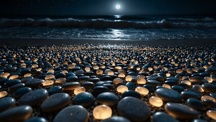 Obraz premium Night beach with moonlit glass pebbles.