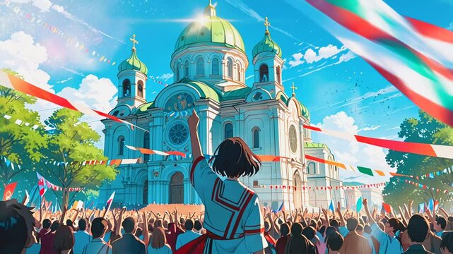 A festive Irish village scene with cobblestone streets, people in green attire, shamrocks, and a lively parade