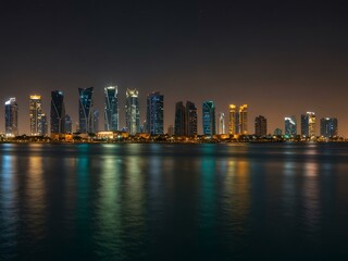 Obraz premium Night panorama of West Bay from the Gulf in Doha, Qatar.