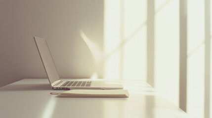 Fototapeta premium Minimalist Workspace with a Laptop, Notebook, and Pen on a White Desk, Soft Daylight Creating a Bright and Organized Atmosphere
