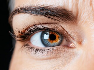 Obraz premium A close up of a woman's blue eye with long eyelashes