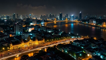 Fototapeta premium Nightscape of Ho Chi Minh City with vibrant lights.