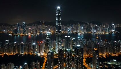 Fototapeta premium Nighttime aerial view of Kowloon, Hong Kong.