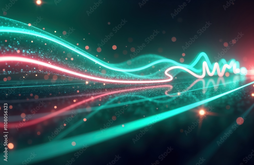 Poster abstract futuristic background shows glowing neon lines moving at high speed. pink, blue lines creat