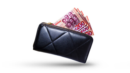 200 Ghanaian Cedis   money currency notes inside a black purse isolated on a white background
