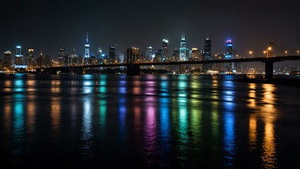 Obraz premium Nighttime cityscape reflecting colorful lights on a wet surface.