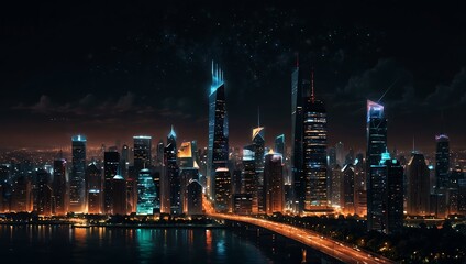 Obraz premium Nighttime cityscape with glowing lights.