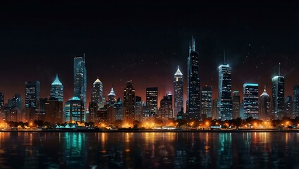 Obraz premium Nighttime cityscape with glowing lights.