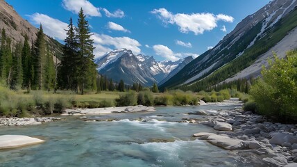 Serene Mountain Valley with Turquoise River, Snow-Capped Peaks, Lush Green Meadows, and Tall Evergreen Trees