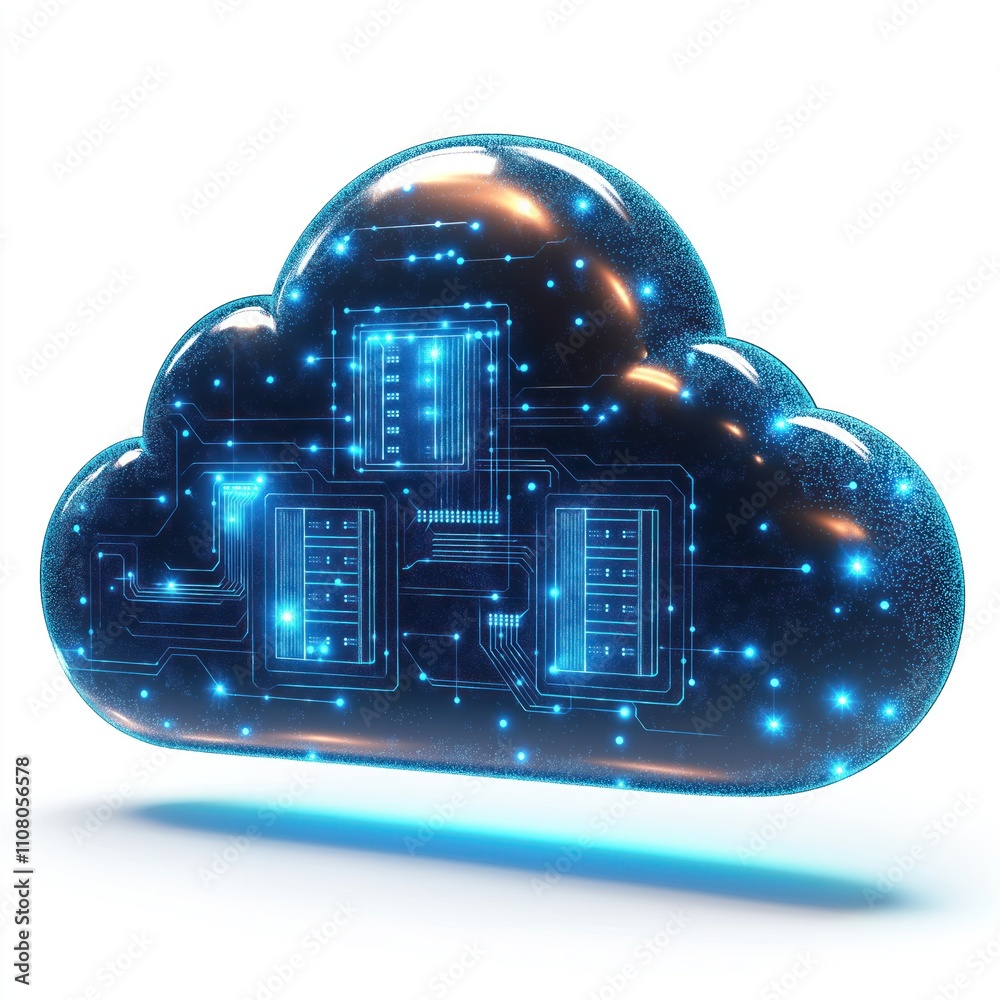 Aufkleber Futuristic cloud symbol represents tech data storage. Glowing circuits, futuristic elements inside cloud. Advanced tech concept. Cloud computing illustration. Modern data storage. Innovative digital