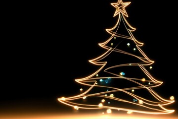 Silhouette of a Christmas tree, made by glowing golden lines with bright star on top, on black background. Stylish and minimalist holiday design.