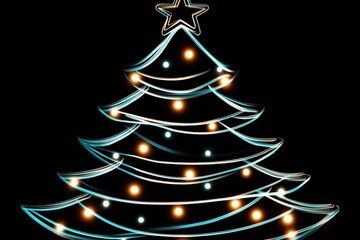 Silhouette of a Christmas tree, made by glowing golden lines with bright star on top, on black background. Stylish and minimalist holiday design.