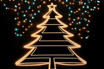 Fototapeta premium Silhouette of a Christmas tree, made by glowing golden lines with bright star on top, on black background. Stylish and minimalist holiday design.