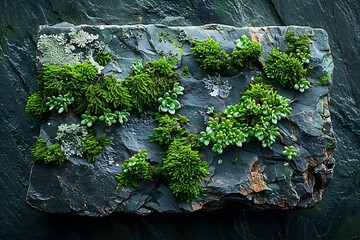 A textured slate stone adorned with vibrant green moss and plants.