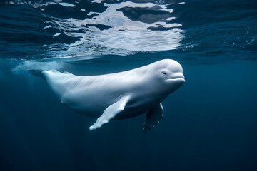 Beluga whale swims gracefully, smooth white body contrasts deep blue ocean waters