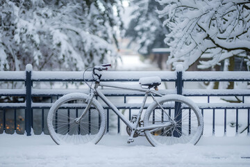 Snow Covered Bicycle Leans Railing