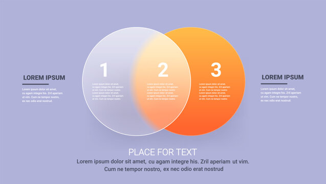 Glass morphism business infographic with two round panel. Transparent three steps strategy template illustration