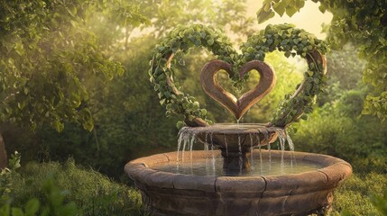 Naklejka premium Heart-shaped ivy vines intertwined around a rustic stone fountain, gently trickling water, surrounded by lush greenery and dappled sunlight in a serene garden setting.