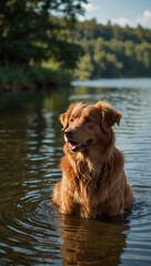 Nova Scotia Duck Tolling Retriever dog by the lake.