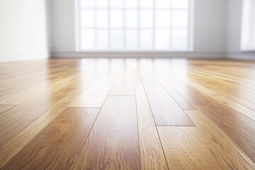 Bright wooden floor illuminated by natural light in a spacious room with large windows during daytime
