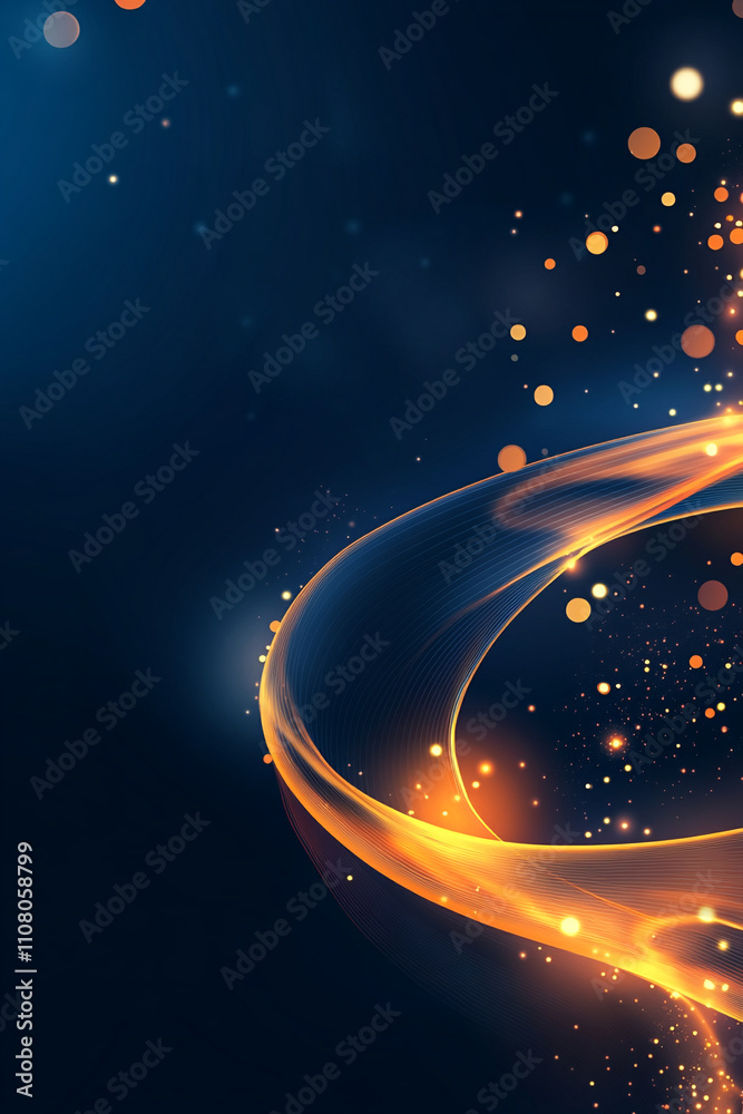 Poster Swirling golden light with sparkling dots creates an enchanting abstract design in a dark background