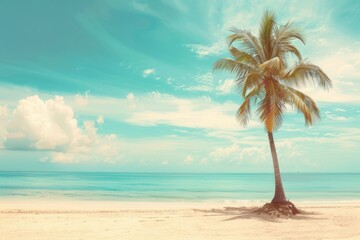 Obraz premium Tropical beach with palm tree blue sky white clouds. Vintage style.